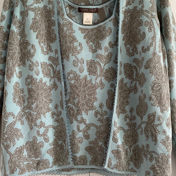 Sigrid Olsen Collection Aqua and Taupe Silk Blend Sweater Set - Size Medium - Picture 8 of 16